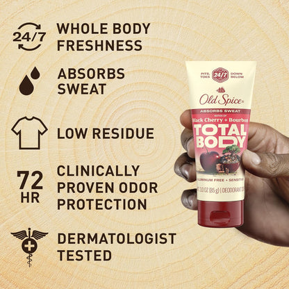 Old Spice Whole Body Deodorant Cream for Men, Aluminum Free, Black Cherry + Bourbon Scent, 24/7 Odor Protection, 24/7 Freshness, Dermatologist Tested, Gentle on Skin, Safe to Use All Over, 3.0 oz