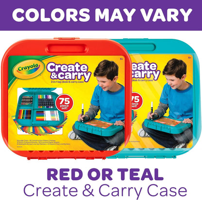 Crayola Create 'N Carry Travel Art Set for Kids (75pcs), 2-in-1 Lap Desk & Carrying Case, Essential Art Supplies Kit, Spring Crafting, Gift for Kids