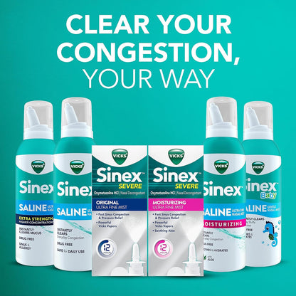 VICKS Sinex Saline Extra Strength Nasal Spray, 3X Concentrated* Drug Free Ultra Fine Mist, Instantly Clears Mucus, Ultra Concentrated to Clear Congestion Fast, Safe For Daily Use, 5 OZ x 2