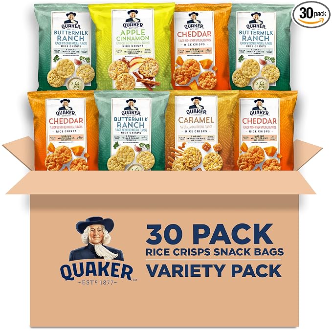Quaker Rice Crisps, Gluten Free, 4 Flavor Sweet and Savory Variety Mix, Single Serve, 30 count