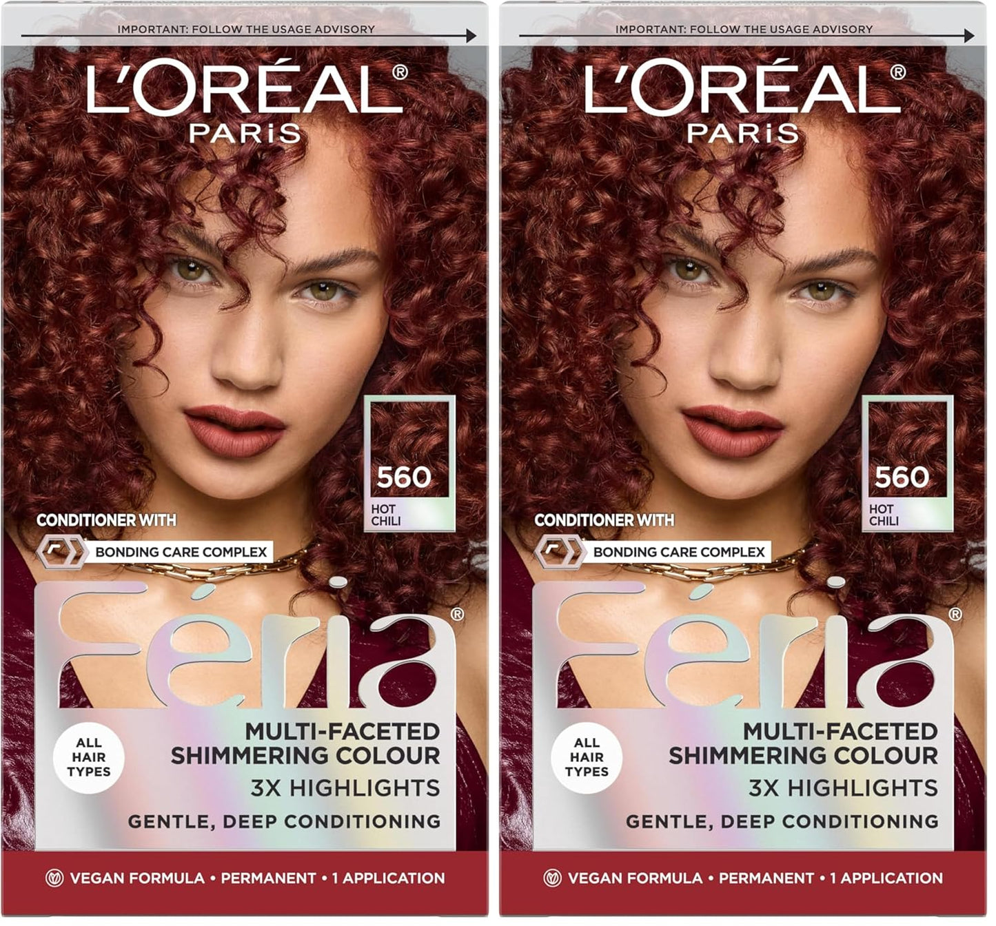 L'Oreal Paris Feria Multi-Faceted Shimmering Permanent Hair Color, High Intensity Hair Dye for 3X Highlights, 560 Hot Chili, 1 Kit (Pack of 2)