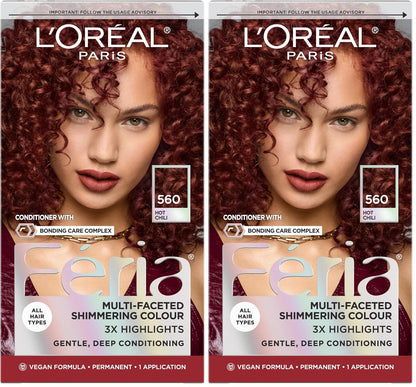 L'Oreal Paris Feria Multi-Faceted Shimmering Permanent Hair Color, High Intensity Hair Dye for 3X Highlights, 560 Hot Chili, 1 Kit (Pack of 2)