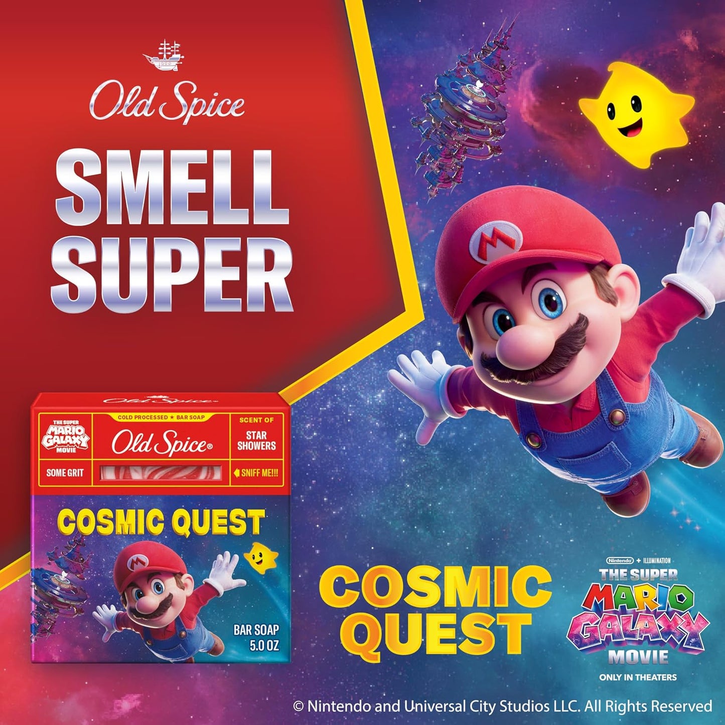 Old Spice Bar Soap for Men, x The Super Mario Galaxy Movie, Cold Pressed with Grit, Made with Natural Oils & Plant Based Cleanser, Star Showers with Juicy Pear & Cedarwood Scent, 5.0 oz