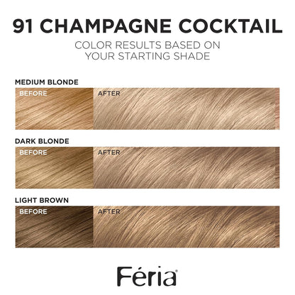 L'Oreal Paris Feria Multi-Faceted Shimmering Permanent Hair Color, 91Champagne Cocktail (Light Beige Blonde), Pack of 2, Hair Dye