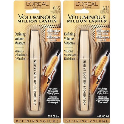 L’Oreal Paris Makeup Voluminous Million Lashes Mascara, Volumizing Collagen Infused Eye Makeup, Amplifying Mascara Brush, Washable, Blackest Black, 0.3 Fl Oz., 2 Count