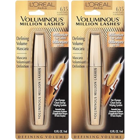 L’Oreal Paris Makeup Voluminous Million Lashes Mascara, Volumizing Collagen Infused Eye Makeup, Amplifying Mascara Brush, Washable, Blackest Black, 0.3 Fl Oz., 2 Count