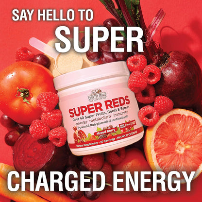 Country Farms Super Reds, Energizing Polyphenol Superfood, Over 40 Super Fruits and Berries, Powerful Antioxidants and Polyphenols, Supports Energy, Supports Circulation, 20 Servings, Mixed Berry