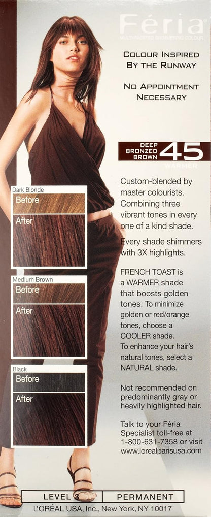L'Oreal Paris Feria Multi-Faceted Shimmering Permanent Hair Color, 45 French Roast (Deep Bronzed Brown), Pack of 2 Hair Dye Kit