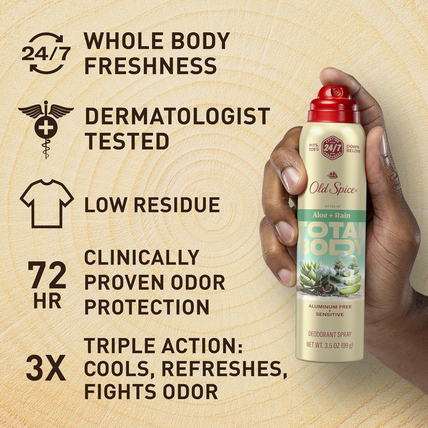 Old Spice Whole Body Deodorant Spray for Men, Aluminum Free, Aloe + Rain Scent, 24/7 Odor Protection, 24/7 Lasting Freshness, Dermatologist Tested, Gentle on Skin, Safe to Use All Over, 3.5 oz