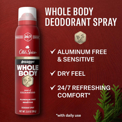Old Spice Whole Body Deodorant for Men, Swagger, Aluminum Free Spray for 24/7 Freshness, Dermatologist Tested Whole Body Deodorant, 3.5 Ounce