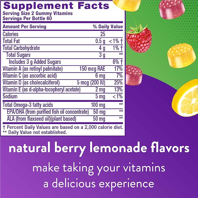 Vitafusion Omega-3 Berry Lemonade Heart Health Gummies 120 Count and Orange Flavored Vitamin C Gummies for Immune Support 150 Count