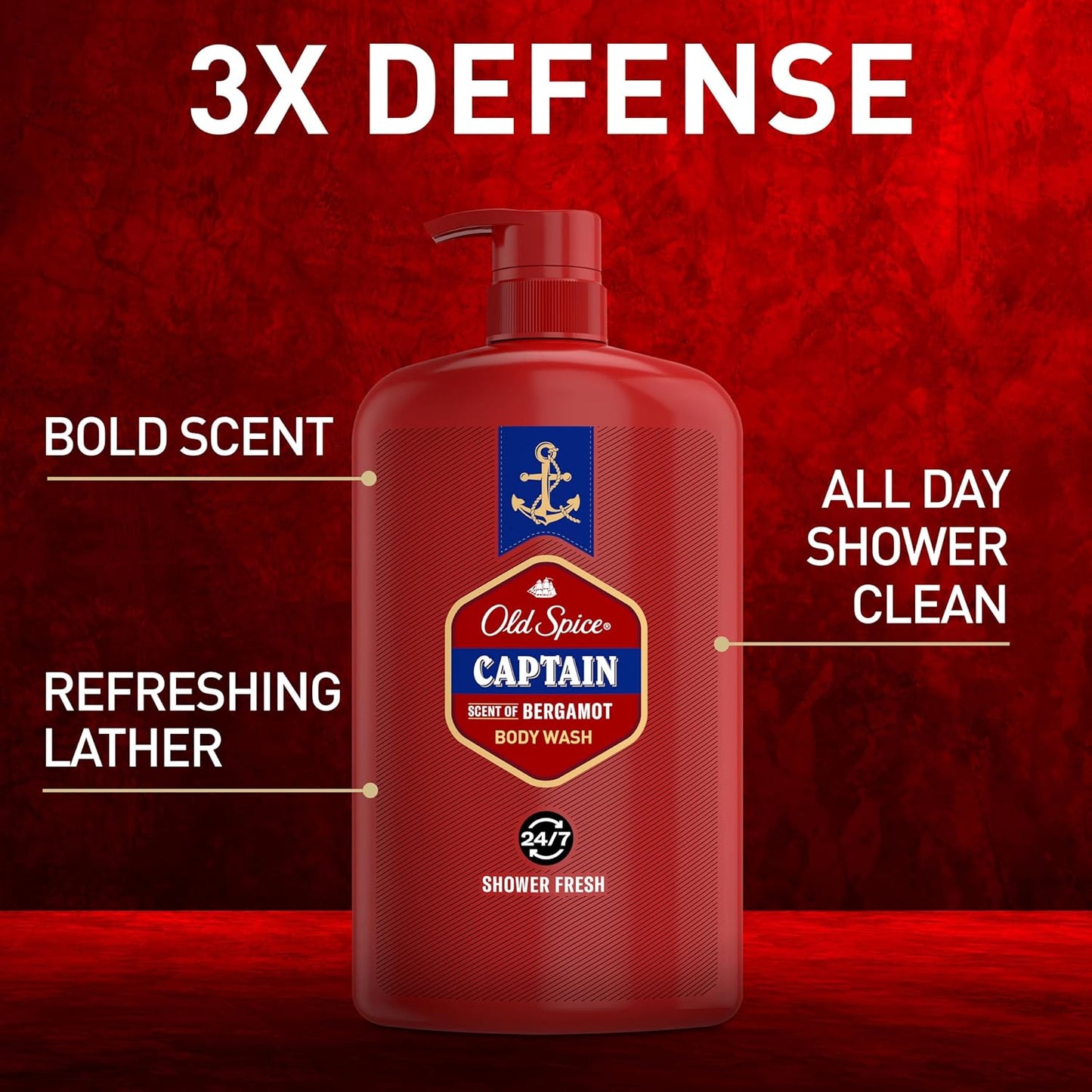 Old Spice Refreshing Body Wash for Men, 3X Defense, 24/7 Shower Fresh with Long Lasting Scent, Red Collection, Captain with Bergamot Scent, 33.4 oz,(Pack of 2)
