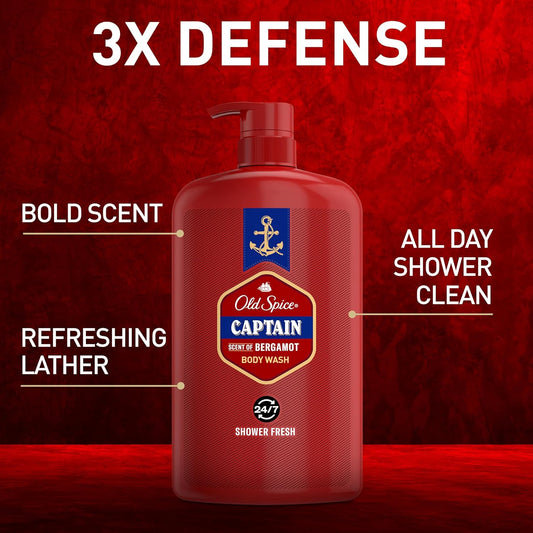 Old Spice Refreshing Body Wash for Men, 3X Defense, 24/7 Shower Fresh with Long Lasting Scent, Red Collection, Captain with Bergamot Scent, 33.4 oz,(Pack of 2)