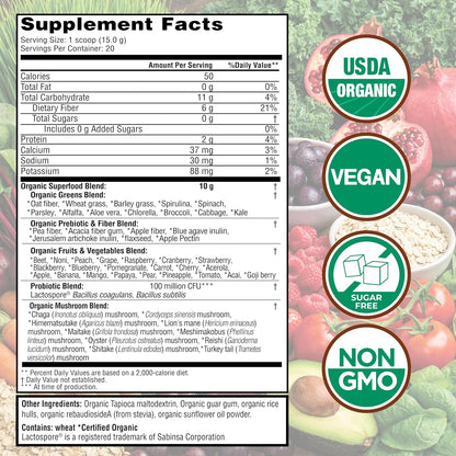 Country Farms Organic Super Greens Powder, 50 Organic Superfoods, Daily Greens Drink Mix with Fruits, Vegetables, Fiber, Probiotics & Mushrooms, Supports Energy, Gut Health & Digestion, Natural Flavor