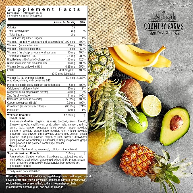 Country Farms Liquid Multivitamin, Vitamins and Minerals for Immune Support and Energy, Herbal Blend, Vegan, Multivitamin for Women and Men, Gluten Free, Tropical Fruit Flavor, 32 fl oz