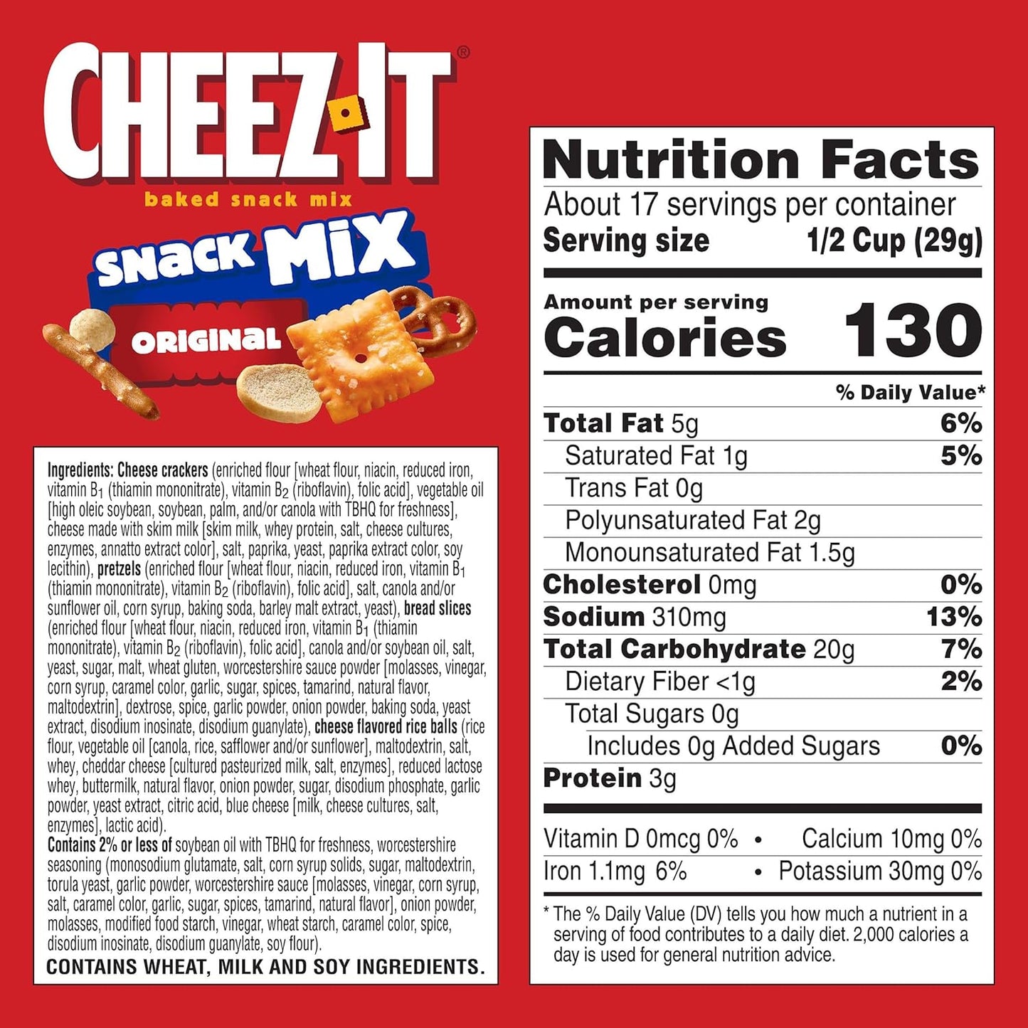 Cheez-It Snack Mix, Lunch Snacks, Family Size, Original, 17.8oz Box (1 Box) (Pack of 2)