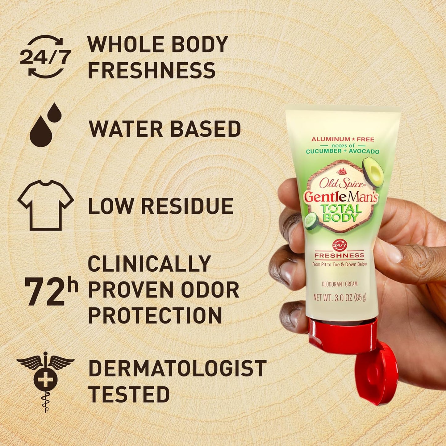 Old Spice Whole Body Deodorant Cream for Men, Aluminum Free, Cucumber + Avocado Scent, 24/7 Odor Protection, 24/7 Lasting Freshness, Dermatologist Tested, Gentle on Skin, Safe to Use All Over, 3.0 oz