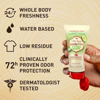 Old Spice Whole Body Deodorant Cream for Men, Aluminum Free, Cucumber + Avocado Scent, 24/7 Odor Protection, 24/7 Lasting Freshness, Dermatologist Tested, Gentle on Skin, Safe to Use All Over, 3.0 oz