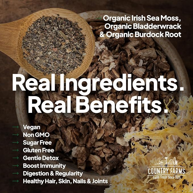 Country Farms Irish Sea Moss Liquid, Supports Beautiful Skin, Cleans and Detoxify, Immune Support, Promotes Healthy Gut, Promotes Natural Energy Levels, Burdock, Irish Moss and Bladderwrack, 2 Fl Oz