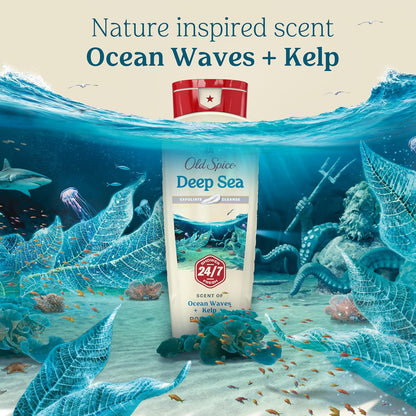 Old Spice Cleansing Body Wash for Men, 24/7 Shower Fresh with Lasting Scent, Exfoliate & Cleanse, Gentle on Skin, Vitamin B3, Deep Sea with Ocean Waves + Kelp Scent, 18 oz (Pack of 4)