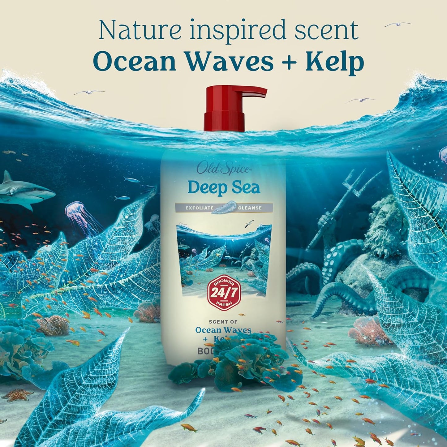 Old Spice Cleansing Body Wash for Men, 24/7 Shower Fresh with Lasting Scent, Exfoliate & Cleanse, Gentle on Skin, Vitamin B3, Deep Sea with Ocean Waves + Kelp Scent, 30 oz (Pack of 4)