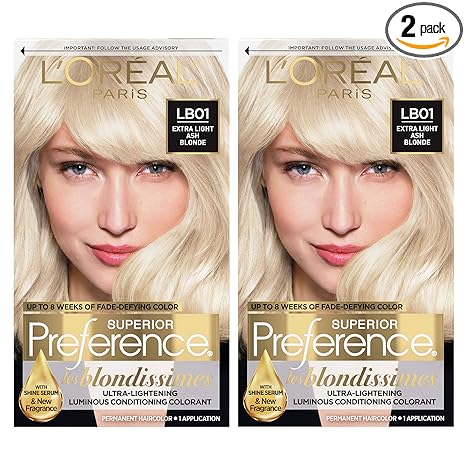 L'Oreal Paris Superior Preference Fade-Defying + Shine Permanent Hair Color, LB01 Extra Light Ash Blonde, Pack of 2, Hair Dye