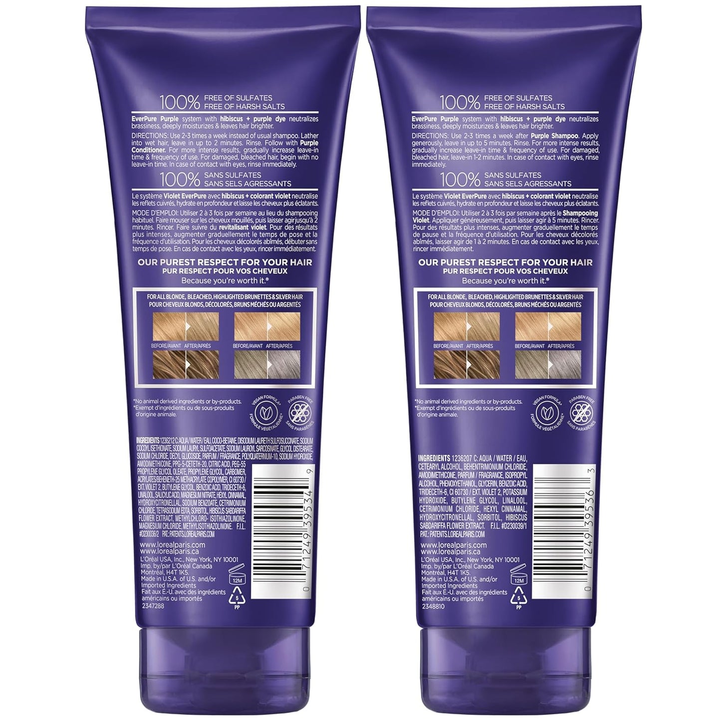 L'Oreal Paris EverPure Purple Shampoo and Conditioner Set, Sulfate-Free Brass Toning for Blonde, Bleached, Highlighted, Silver or Gray Color-Treated Hair, 13.6 Fl Oz Set