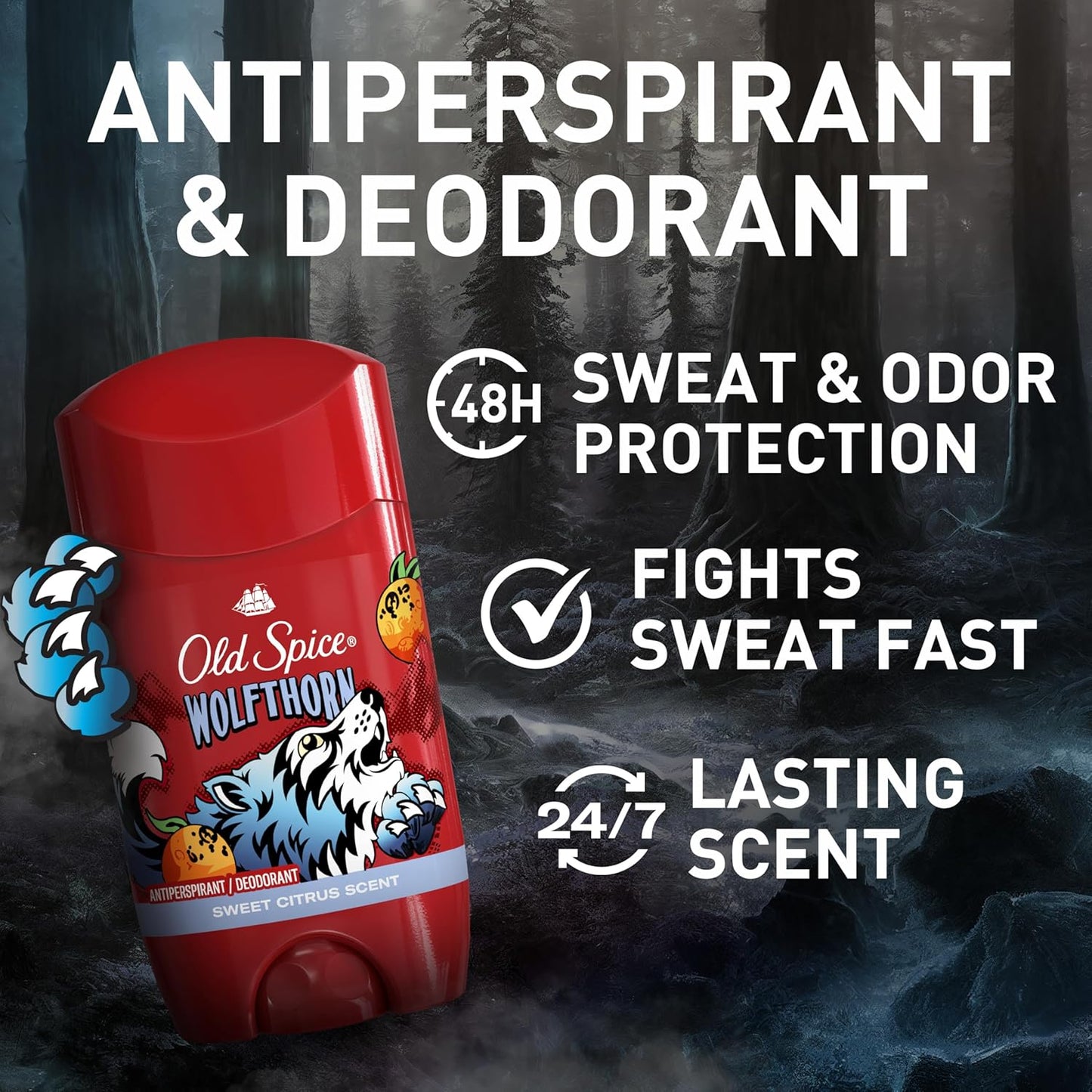 Old Spice Aluminum Free Deodorant for Men, 24/7 Odor Protection, 24/7 Freshness & Lasting Scent, Goes on Clear, Wolfthorn with Sweet Citrus Scent, 2.6 oz