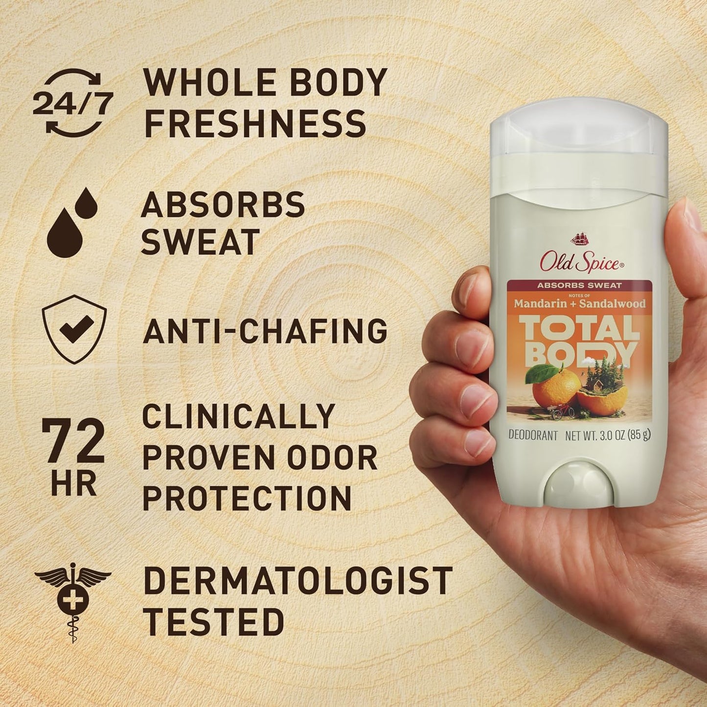 Old Spice Whole Body Deodorant Stick for Men, Aluminum Free, Mandarin + Sandalwood Scent, 24/7 Odor Protection, 24/7 Freshness, Dermatologist Tested, Gentle on Skin, Safe to Use All Over, 3.0 oz