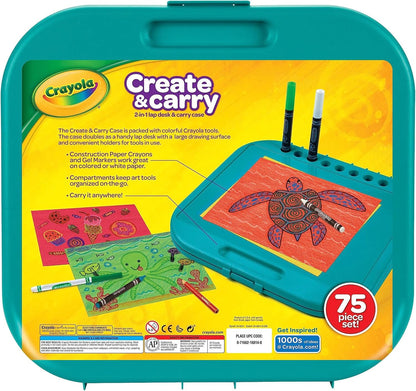 Crayola Create 'N Carry Travel Art Set for Kids (75pcs), 2-in-1 Lap Desk & Carrying Case, Essential Art Supplies Kit, Spring Crafting, Gift for Kids