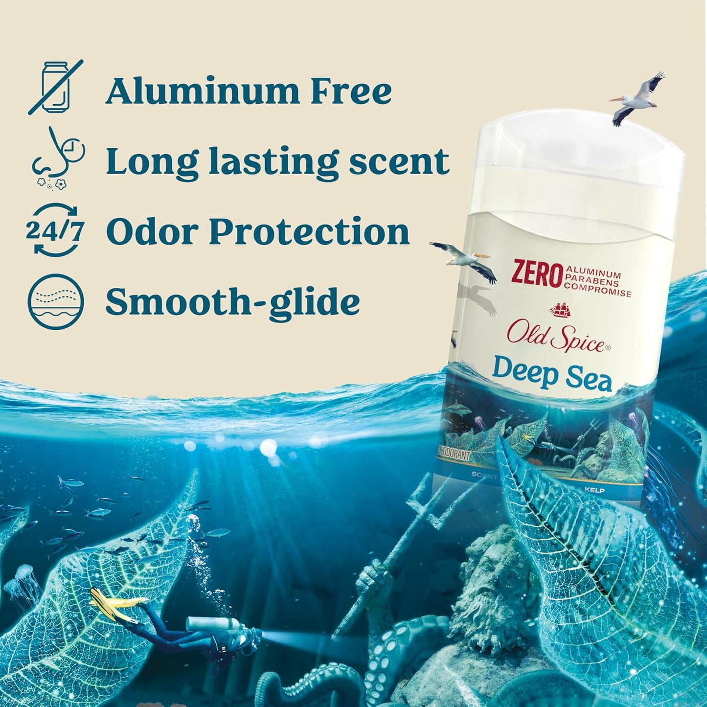 Old Spice Aluminum Free Deodorant for Men, 24/7 Lasting Freshness & Long Lasting Scent, 24/7 Sweat & Odor Protection, Deep Sea with Ocean Waves & Kelp Scent, 3.0 oz (Pack of 1)