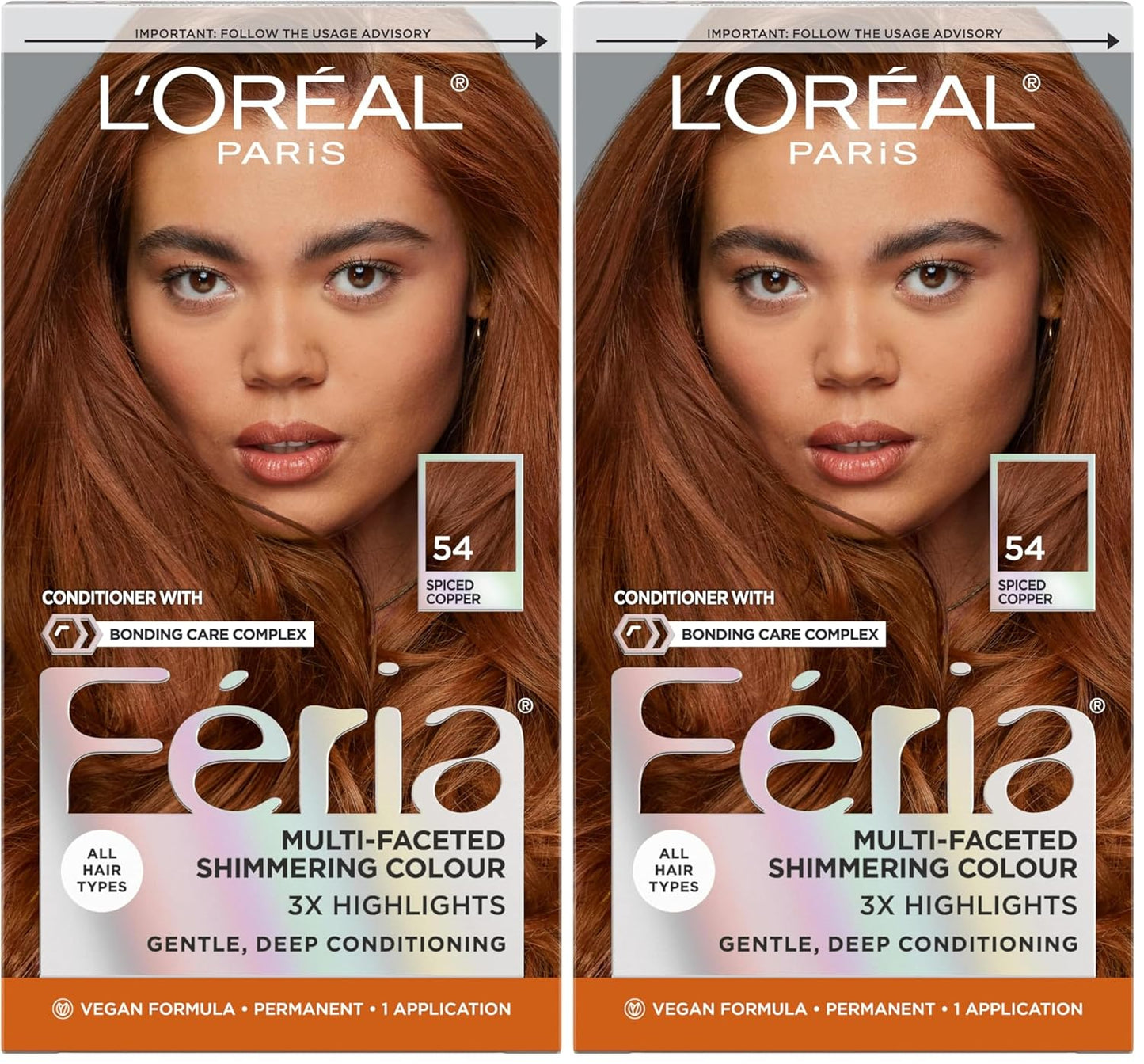 L'Oreal Paris Feria Multi-Faceted Shimmering Permanent Hair Color, High Intensity Hair Dye for 3X Highlights, 54 Spiced Copper, 1 Kit (Pack of 2)