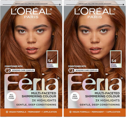 L'Oreal Paris Feria Multi-Faceted Shimmering Permanent Hair Color, High Intensity Hair Dye for 3X Highlights, 54 Spiced Copper, 1 Kit (Pack of 2)