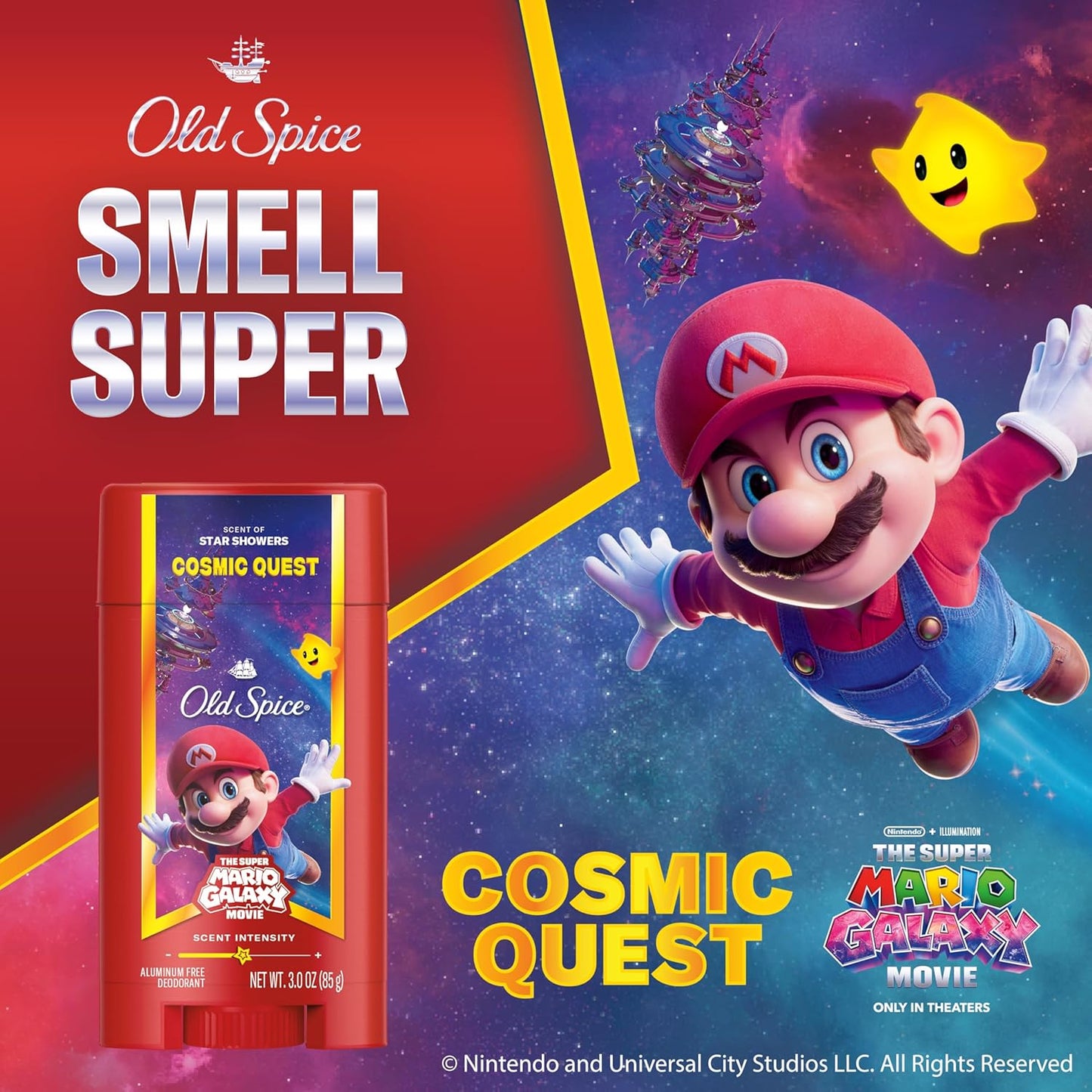 Old Spice Aluminum Free Deodorant for Men, Old Spice x The Super Mario Galaxy Movie, 24/7 Lasting Freshness, Lasting Odor Protection, Smell Super with Cosmic Quest, Star Showers Scent, 3.0 oz