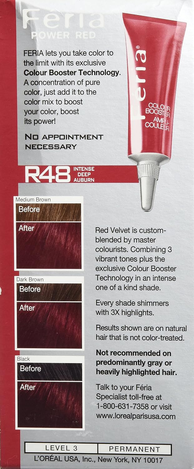 L'Oreal Paris Feria Multi-Faceted Shimmering Permanent Hair Color, R48 Red Velvet (Intense Deep Auburn), Pack of 2, Hair Dye