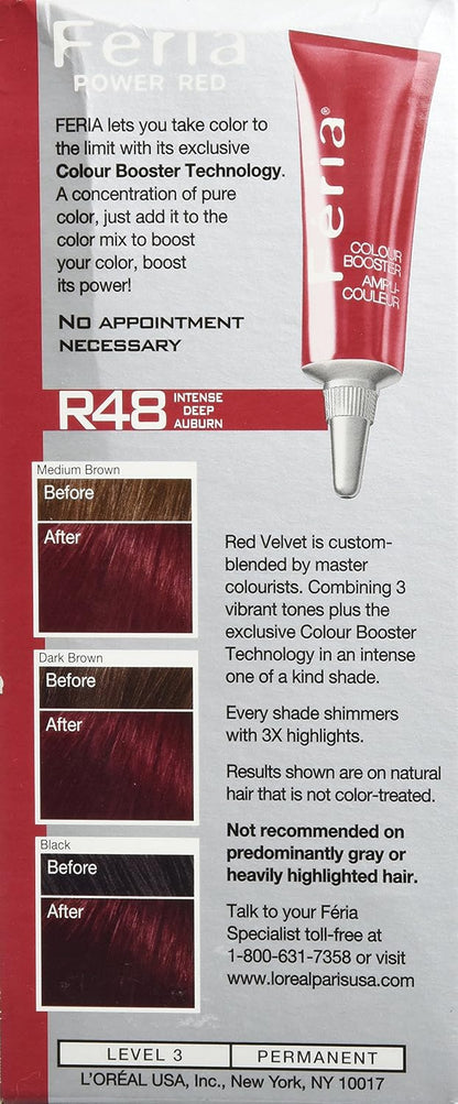 L'Oreal Paris Feria Multi-Faceted Shimmering Permanent Hair Color, R48 Red Velvet (Intense Deep Auburn), Pack of 2, Hair Dye