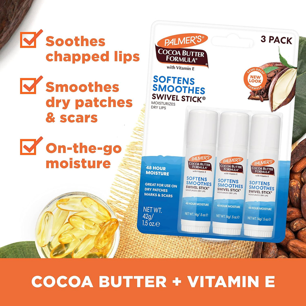 Palmer's Cocoa Butter Lip Balm & Face Body Moisturizer Sticks (Pack of 3)