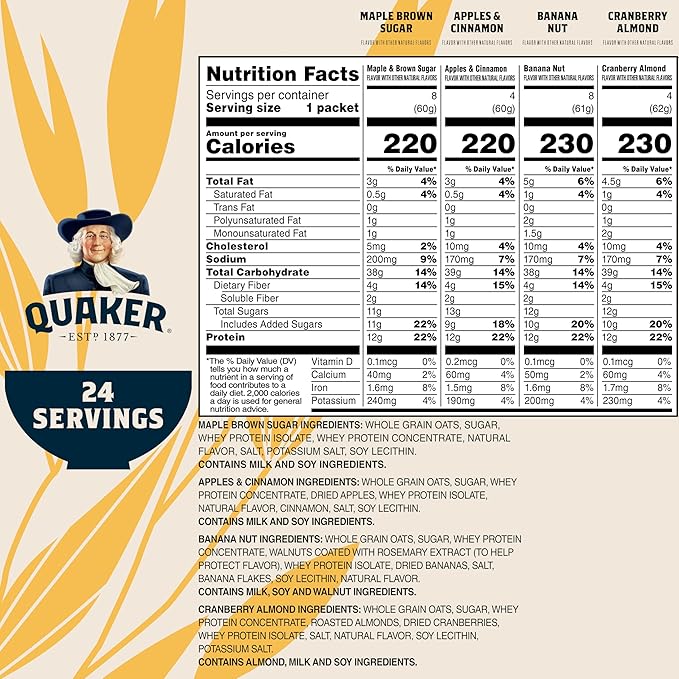 Quaker Instant Oatmeal, Protein 4 Flavor Variety Pack, 7g+, Individual Packets, 24 Count