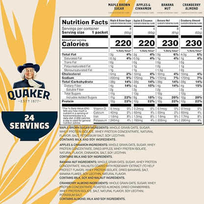Quaker Instant Oatmeal, Protein 4 Flavor Variety Pack, 7g+, Individual Packets, 24 Count