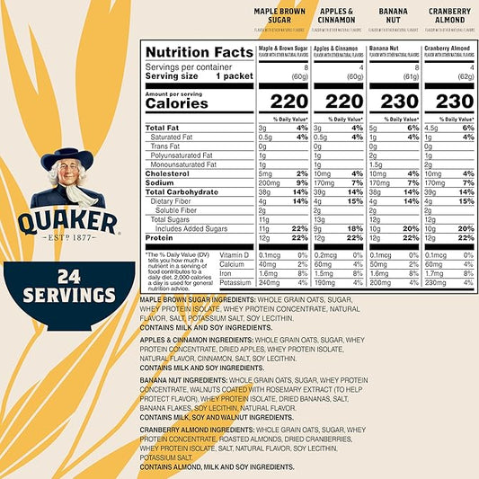 Quaker Instant Oatmeal, Protein 4 Flavor Variety Pack, 7g+, Individual Packets, 24 Count