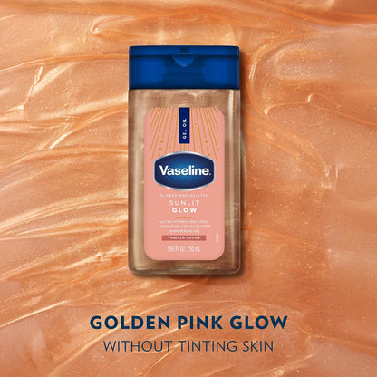 Vaseline Glazed and Glisten Sunlit Glow Body Gel Oil, Vanilla Cocoa Scent, 100% Pure Cocoa Butter with Shimmering Oil, 1.69 Fl Oz, 6 Pack
