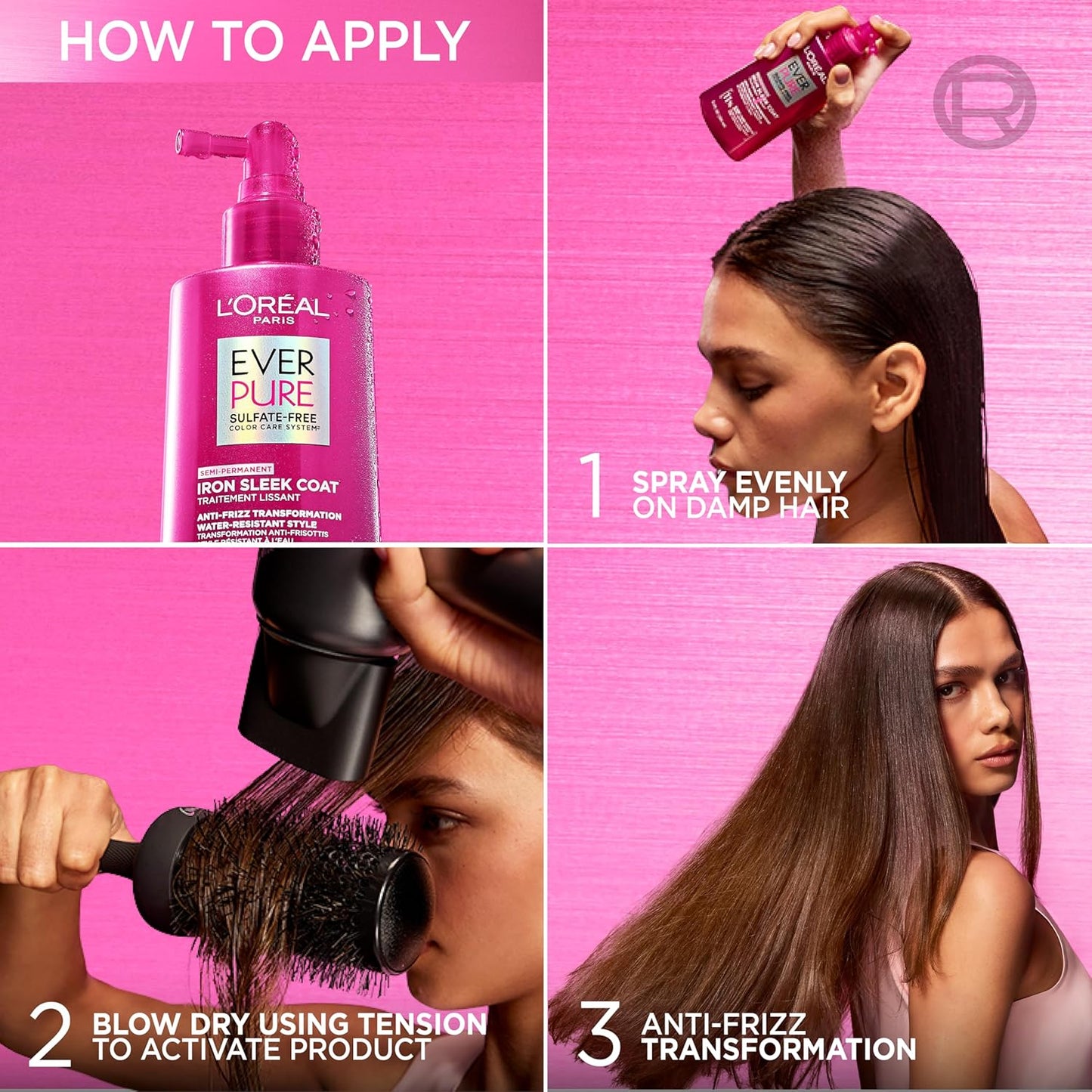 L'Oreal Paris Sulfate Free Iron Sleek Coat, Anti-Frizz Hair Treatment Spray with Heat Protection & Humidity Protection, Semi-Permanent Smoothing, Suitable for Color-Treated Hair, EverPure, 5.1 fl oz