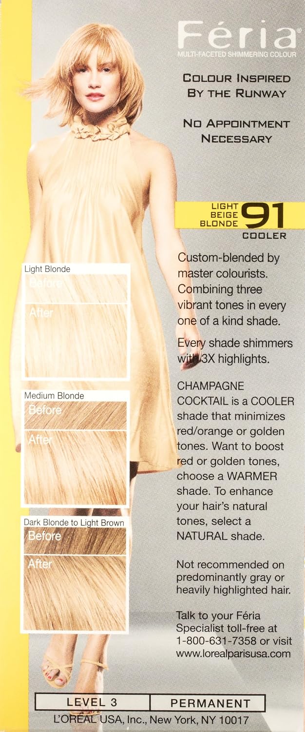 L'Oreal Paris Feria Multi-Faceted Shimmering Permanent Hair Color, 91Champagne Cocktail (Light Beige Blonde), Pack of 2, Hair Dye