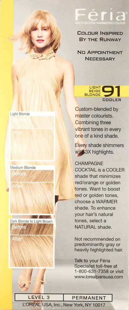 L'Oreal Paris Feria Multi-Faceted Shimmering Permanent Hair Color, 91Champagne Cocktail (Light Beige Blonde), Pack of 2, Hair Dye