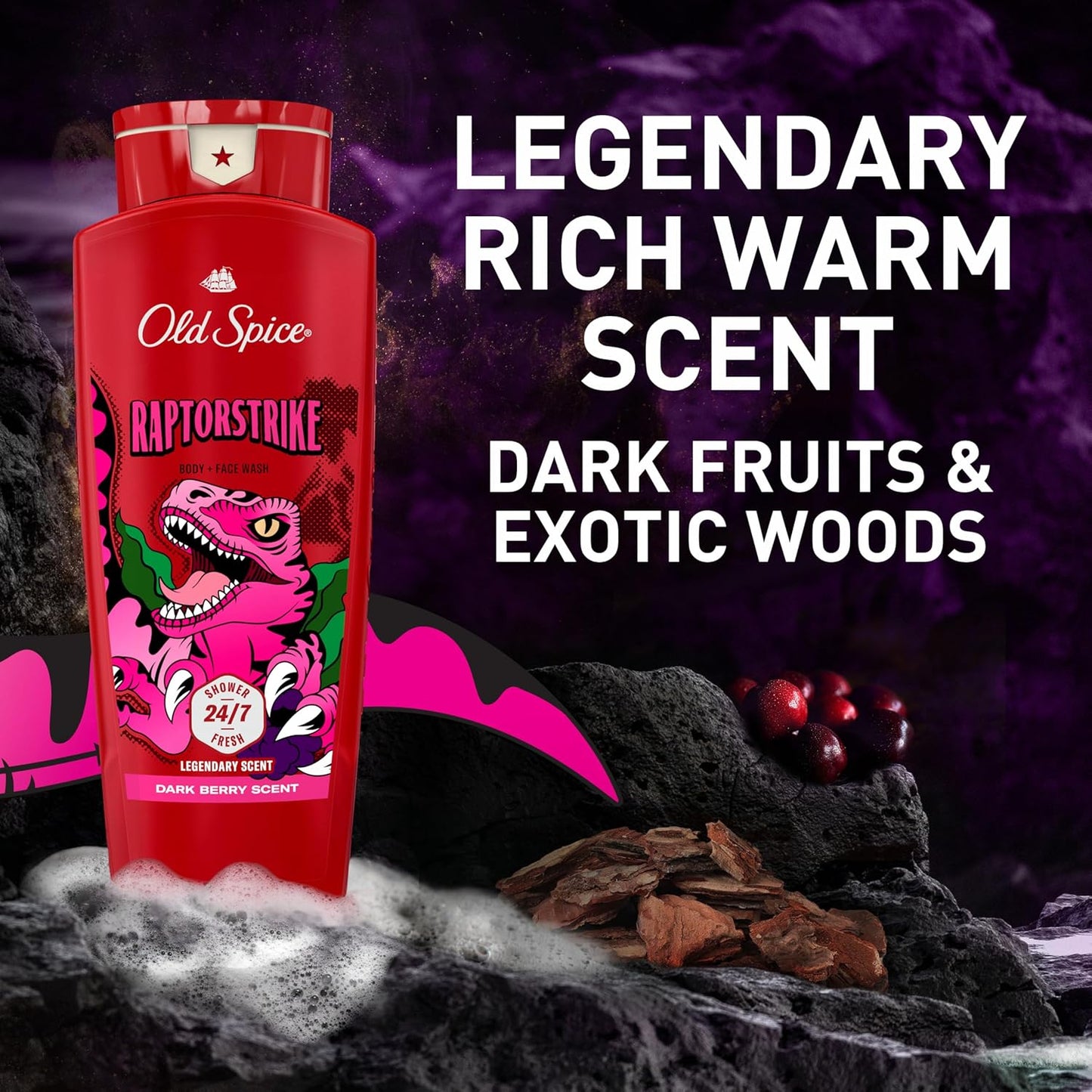 Old Spice Cleansing Body Wash for Men, 3X Defense, 24/7 Shower Fresh with Lasting Scent, 2-in-1 Body & Face Wash, Raptorstrike with Dark Berry Scent, 24 oz (Pack of 4)