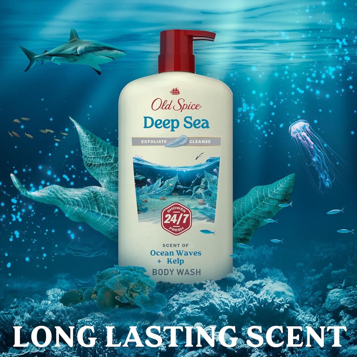 Old Spice Cleansing Body Wash for Men, 24/7 Shower Fresh with Lasting Scent, Exfoliate & Cleanse, Gentle on Skin, Vitamin B3, Deep Sea with Ocean Waves + Kelp Scent, 30 oz (Pack of 4)