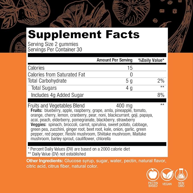 COUNTRY FARMS Fruits and Veggies Gummies, with Over 40 Farm Fresh Fruits & Vegetables, Packed with Powerful Antioxidants, (Spirulina, Blueberry, Mushrooms), Daily Whole Food Supplement, Pectin Based,