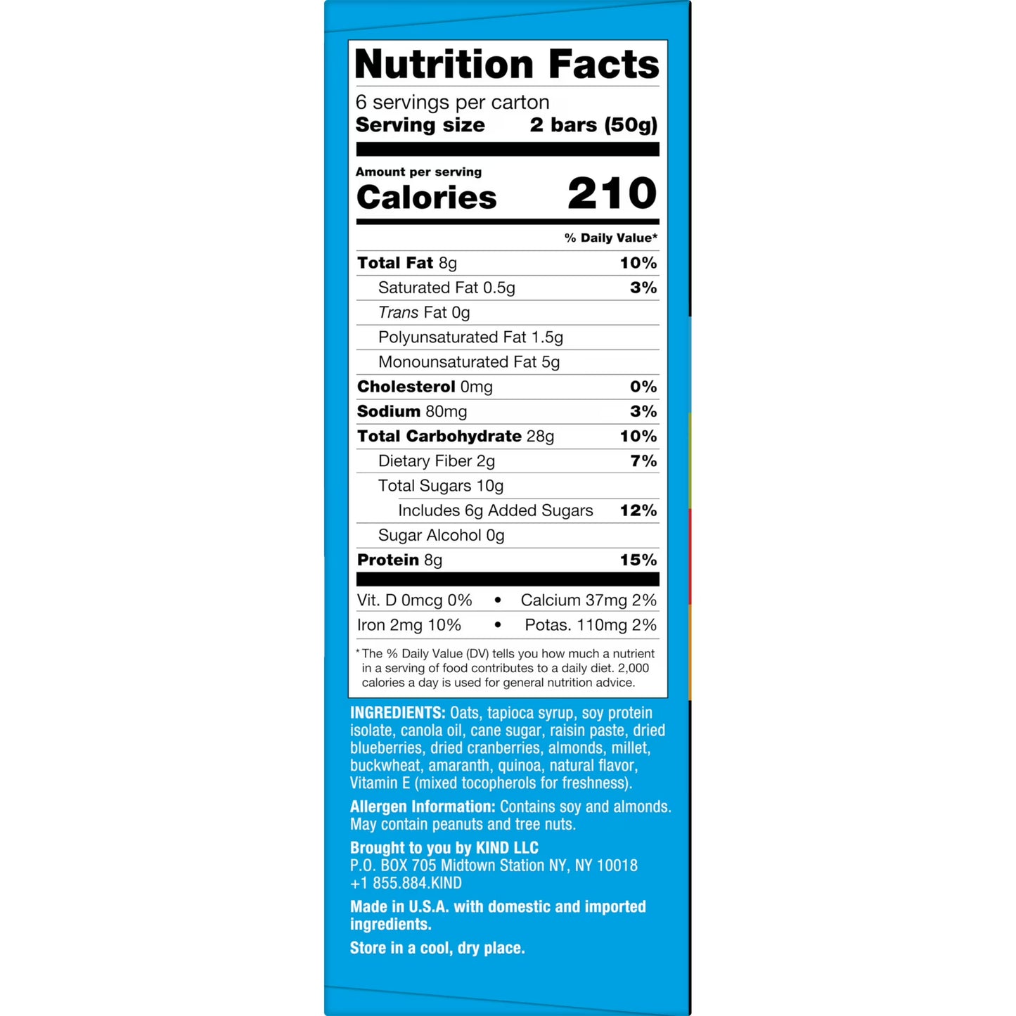 KIND Blueberry Almond Breakfast Protein Bars, 6-Count, 1 Cardboard Box