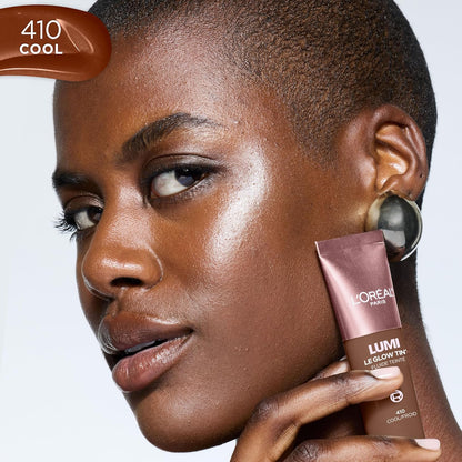 L'Oreal Paris Lumi Le Glow Skin Tint, Lightweight Water-Based Tinted Serum with Foundation-Like Coverage, Glow Illuminator, Cool 410, 0.85 Fl Oz