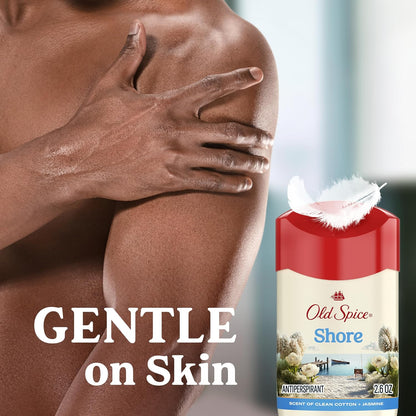 Old Spice Dry Feel Antiperspirant Deodorant for Men, 24/7 Long Lasting Freshness, 24/7 Sweat & Odor Protection, Gentle on Skin with Skin Conditioners, Shore with Clean Cotton & Jasmine Scent, 2.6 oz